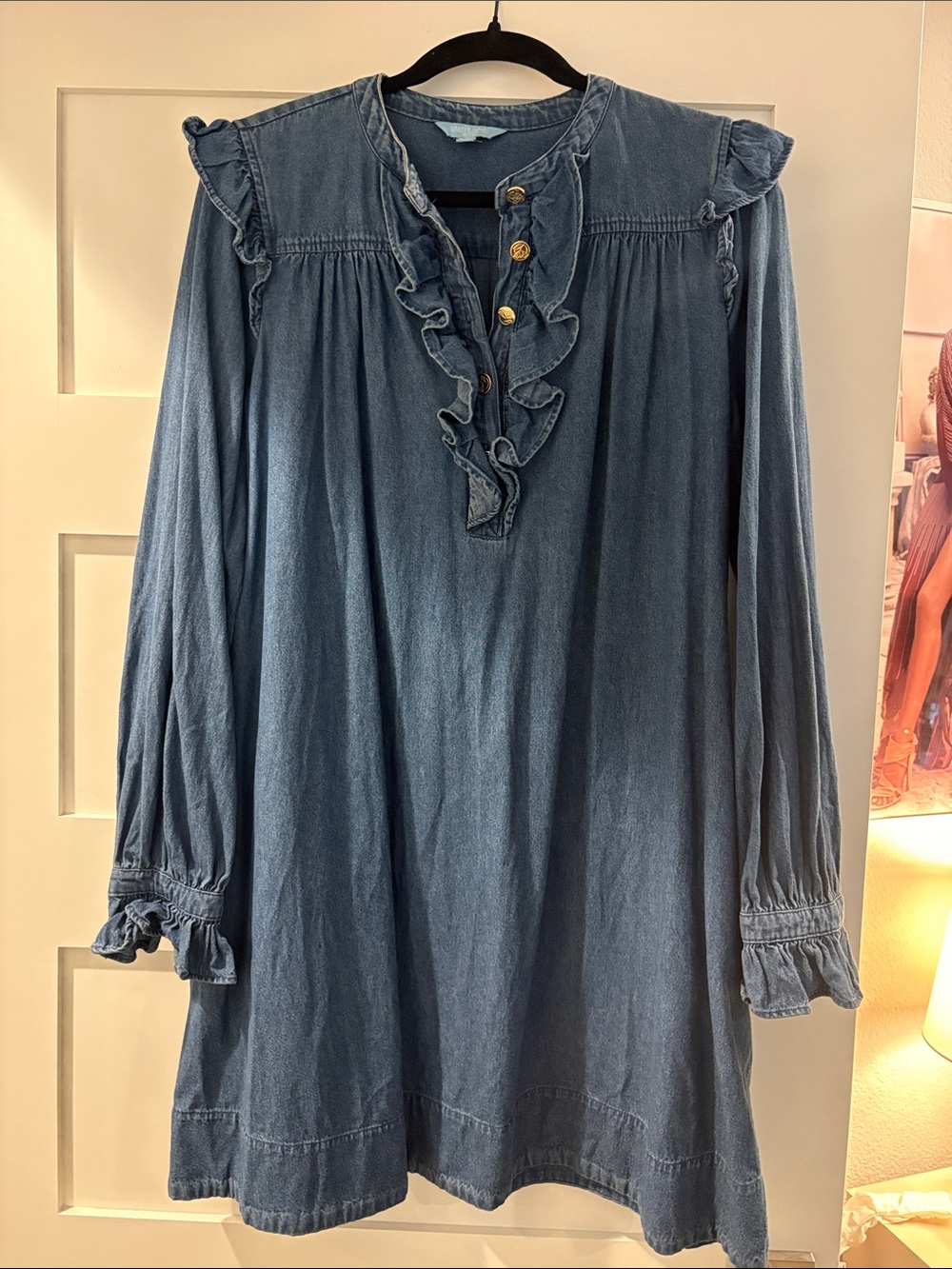 Draper James Blue Ruffle-Front Chambray Tunic